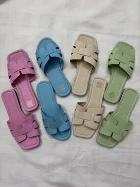 Set of 4 Pastel Snakeskin Embossed Slide Sandals - Pink, Blue, Cream, Green.